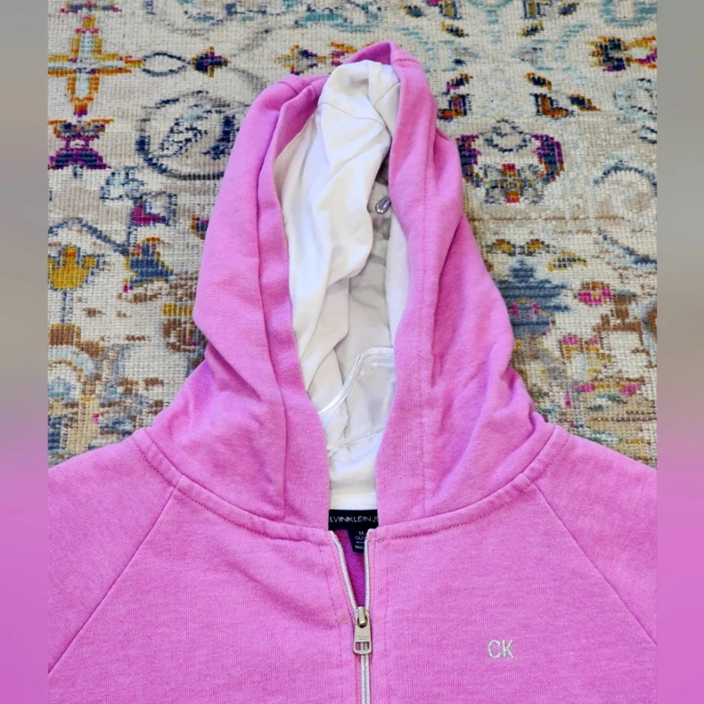 Calvin Klein Jeans Pink Zip Hoodie, Side Pockets, Logo Arms sz Medium (8-10) - Picture 3 of 9